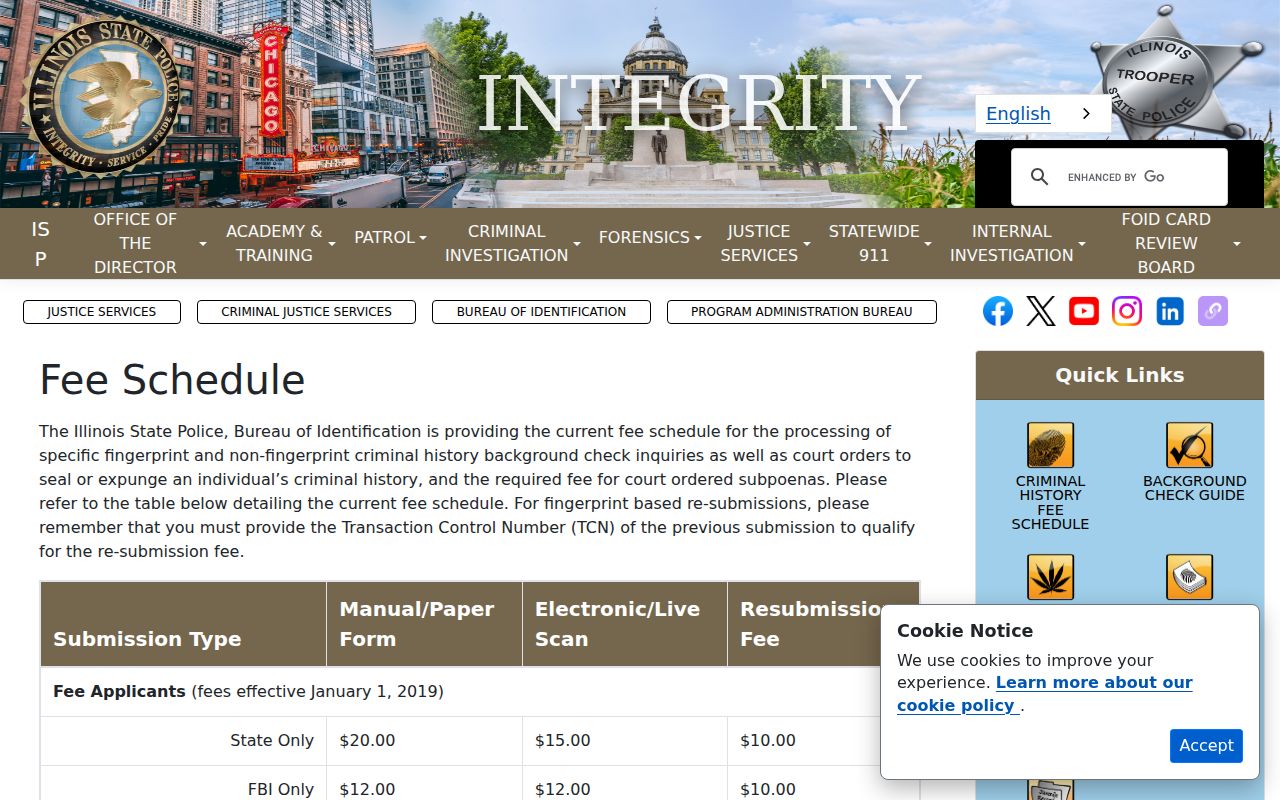 Carthage criminal records ISP fee schedule