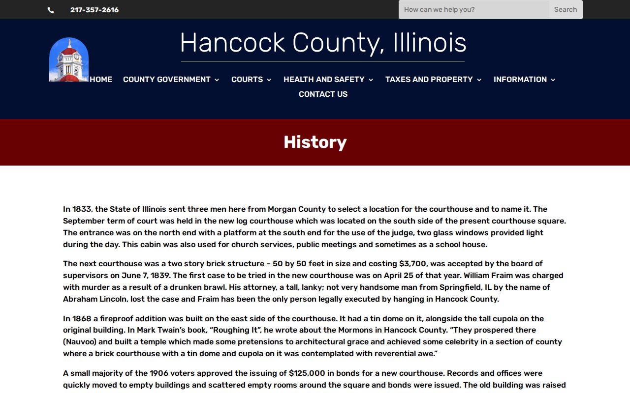 Hancock County criminal history courthouse and county history
